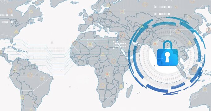 Blue padlock appearing over South Asia, HUD expanding and linking nodes, highlighting APAC security