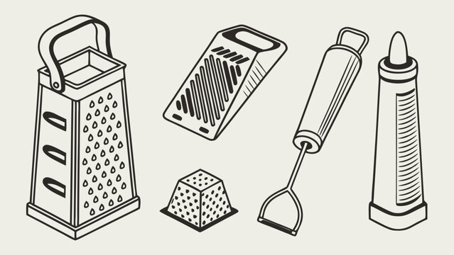 Kitchen Graters and Peeler Line Art. Essential Tools for Grating and Peeling Food. Home Cooking Utensils Vector Illustration for Recipe Blogs and Culinary Guides.