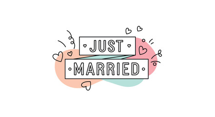 Charming hand-lettered 'Just Married' graphic with playful hearts and abstract pastel shapes, perfect for wedding announcements or celebratory designs.