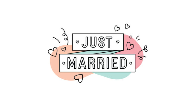 Charming hand-lettered 'Just Married' graphic with playful hearts and abstract pastel shapes, perfect for wedding announcements or celebratory designs.