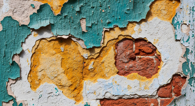 Old weathered wall with cracked paint and exposed brick texture