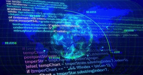 Arc tracing above polygonal globe starting data flow, globe rotating, code scrolling, showing data - Powered by Adobe