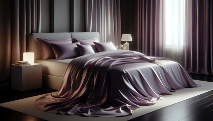 A serene contemporary bedroom in muted mauve shades, featuring flowing satin textiles, soft diffused daylight, and warm ambient accents that enhance the luxurious, calm, and harmonious atmosphere.