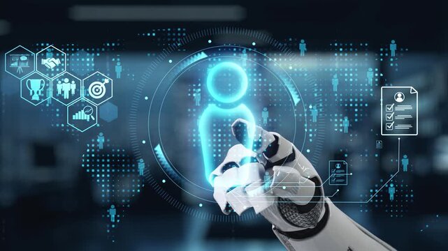 A futuristic robot hand reaches toward a digital interface displaying user data and analytics, symbolizing the integration of technology and human interaction. Auvana