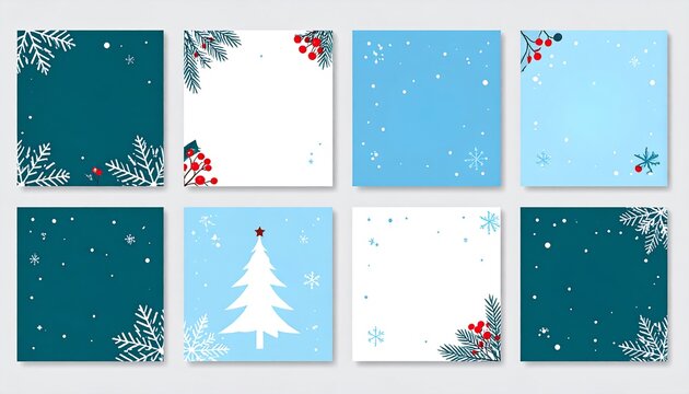 Winter Holidays square templates. Winter sale social media post frame with Christmas tree shape, snowflakes and red berries. Suitable for mobile apps, banner design and web internet ads.
