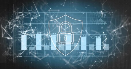 Opening frame starting bars and line animating behind shield padlock, visualizing security data