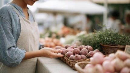 Woman wearing a blue and white striped apron at an outdoor market. she is standing in front of a table with several baskets of fresh produce on it.