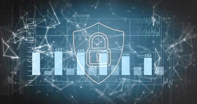 Opening frame starting bars and line animating behind shield padlock, visualizing security data