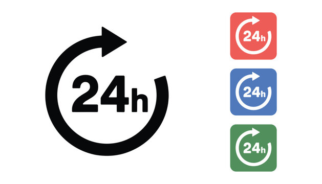 Black 24 hour service icon with circular arrow and three colored square icons red blue green symbol