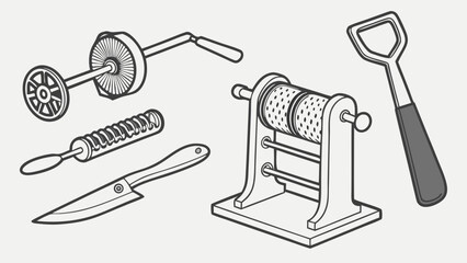 Collection of Kitchen Tools and Cooking Utensils Vector Illustration. Essential Gadgets for Home Food Preparation, Culinary Projects, and Recipe Design. Line Art Drawing.