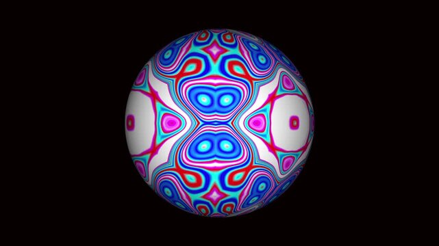 Glowing symmetrical sphere with blue, pink, and white geometric structures.