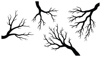 Black bare tree branches silhouette against a white background scattered across the frame bare branches