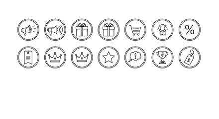 Minimalist outline digital icons representing business and e-commerce functions organized in rows on a stark white canvas for modern interface design