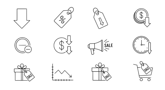 Hand-drawn doodle style icon set illustrating various sales discount and promotion concepts for business marketing materials on a white background