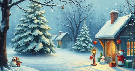 A painting of a snowy scene with a house and two snowmen