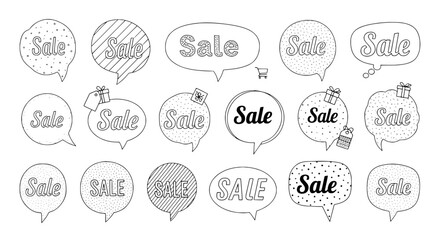 Hand drawn doodle style outlined sale icons displaying a discount message isolated on a white background featuring various shapes and patterns for promotional use
