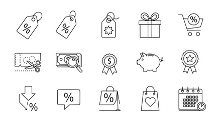 E-commerce marketing and finance related vector line icons displayed as a comprehensive collection on a pristine white background for discount and sales promotions