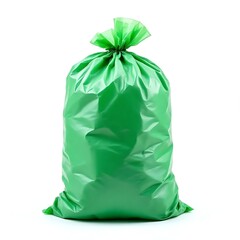 Green plastic garbage bag isolated on a white background