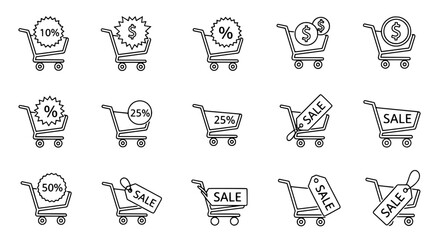 Collection of various outline shopping cart icons displaying discounts promotions and sales for e-commerce and retail advertising on a clean background digital graphic resource