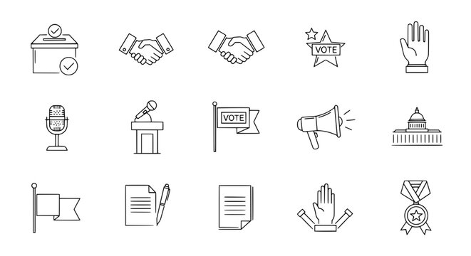A comprehensive collection of hand-drawn outline icons depicting election democracy government and communication elements for political graphic designs