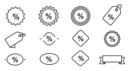 Diverse outline discount percentage collection icons representing sales arranged on a simple white backdrop for e-commerce retail marketing campaigns