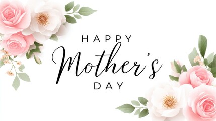 Happy mother's day banner with elegant pink roses and floral design on white background for celebration or greeting card