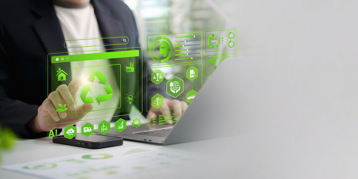   Recycle, Zero waste and Net zero concept. eco-friendly. Climate neutral long term strategy. ESG and sustainability management. analyzing data for a circular economy and green business strategy. CSR.