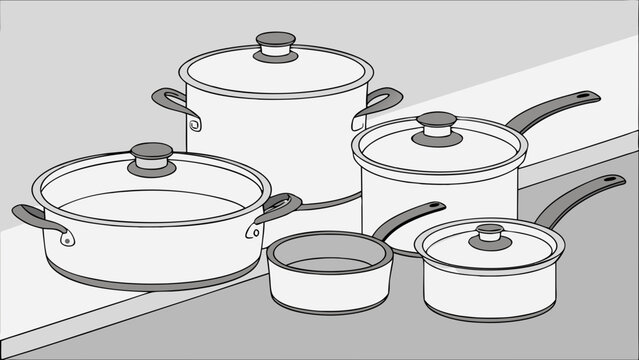 Line Art Illustration Of A Kitchen Cookware Set With Pots And Pans For Home Cooking, Recipe Preparation, And Culinary Design