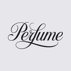 Perfume written in a joining script style with a bold stroke on a simple background in vector format, created in a typography logo style