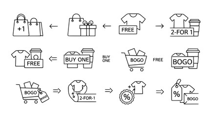 Essential outline retail promotion marketing icons illustrating various discount sales on a digital canvas arranged in a comprehensive grid for e-commerce business campaigns