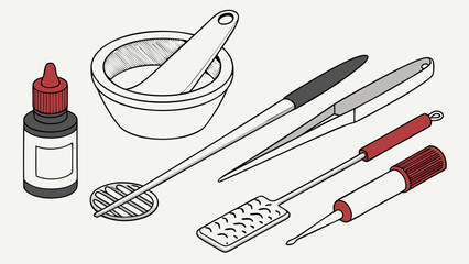 Mortar Pestle Dropper Tweezers. Precision Lab Tools for Scientific Research, Chemistry, Pharmacy, and Detailed Crafting Projects.