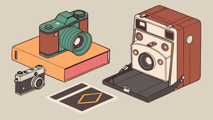 Isometric Vintage Film Cameras Illustration Retro Photography Gear Collection Classic Camera Hobby Design Element Nostalgic Art for Creative Web and Print Projects