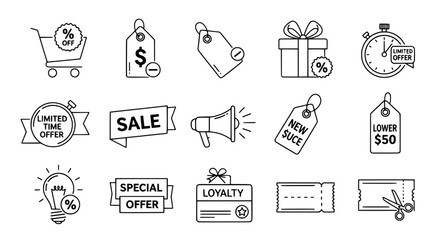 Outline collection icon set representing various e-commerce sales promotions discounts and loyalty programs on a white background for marketing applications