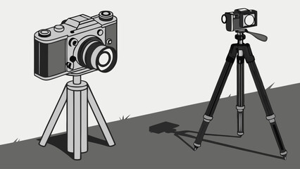 Vintage Film Camera and Modern Digital Camera on Tripods Outdoors for Photography Technology Comparison and Creative Content