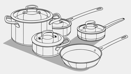 Modern Kitchen Pots and Pans Set Vector Line Art for Home Cooking and Recipe Blogs