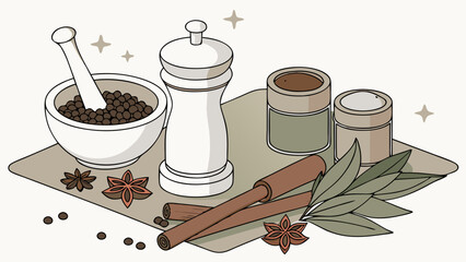 Natural Culinary Spices Herbs Collection Mortar Pestle Grinder Star Anise Cinnamon for Cooking Recipes Food Blogs Kitchen Decor Flat Design
