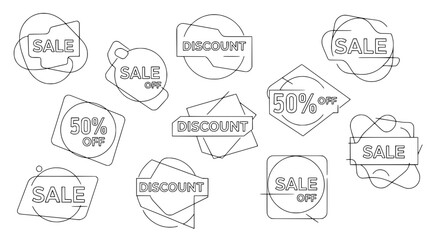 Abstract modern graphic outline badges displaying sale and discount offers as a clean vector marketing icon collection on a blank background