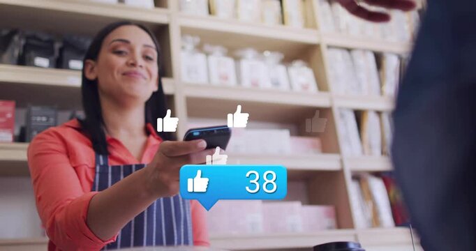 Barista placing cup, patron tapping watch near phone causing floating like counter for cafe payment