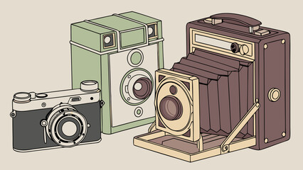 Vintage Film Cameras Illustration Set for Photography Enthusiasts Creative Projects and Nostalgia Marketing