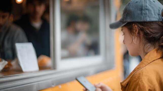 Young woman wearing a blue baseball cap and a yellow jacket, standing in front of a window. she is holding a smartphone in her hand and appears to be looking at it intently.