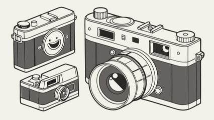 Playful Retro Vintage Photography Cameras Isometric Line Art Illustration. Design Element for Web, App, Blog, and Creative Projects.