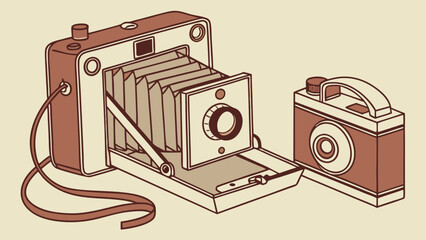 Classic Vintage Cameras Line Art Illustration. Retro Photography Equipment for Nostalgic Design and History Content.