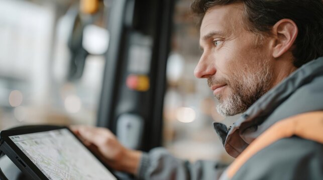 Man sitting in a bus, holding a tablet in his hands. he is looking out the window with a serious expression on his face. - Powered by Adobe
