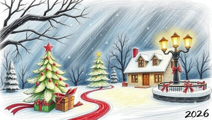 A drawing of a snowy landscape with a christmas tree and presents