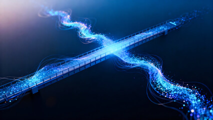 Vibrant blue and multicolor data streams flow across a sleek digital bridge, symbolizing connectivity, technology, and information exchange in a futuristic network.