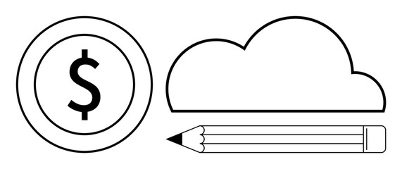 Dollar coin symbolizing money, cloud suggesting data storage, and pencil representing creativity or writing. Ideal for finance, technology, cloud computing, education, writing, marketing