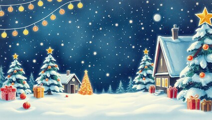 A painting of a snowy landscape with christmas trees and presents