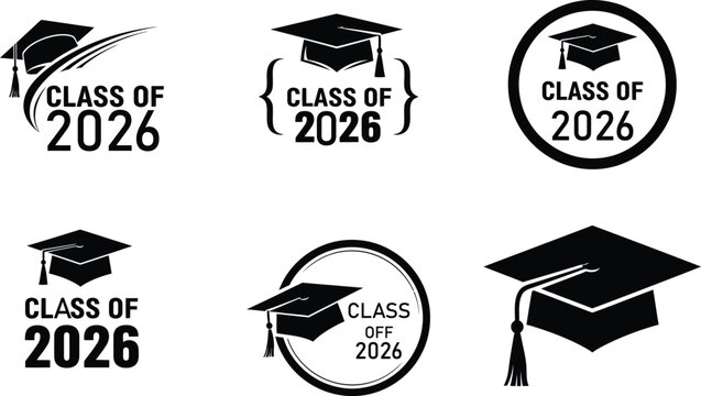 Class of 2026 graduation cap design elements set in black and white