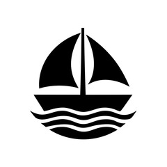 Black silhouette of sailboat on waves on transparent background