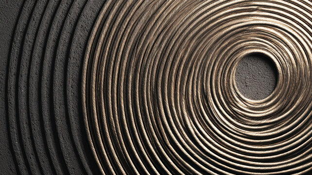 A mesmerizing close-up of concentric circles sculpture with detailed textures and patterns. These metallic swirls create an optical illusion and captivate the viewer - Powered by Adobe